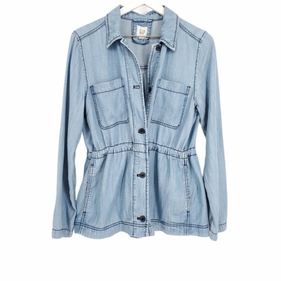 NWT GAP $70 Women Chambray Soft Denim tencel Utility Shirt Jacket in Indigo Blue - Picture 1 of 8